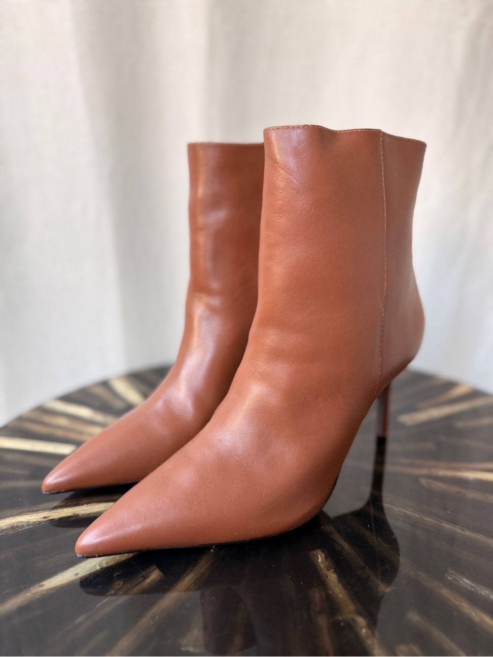 SCHUTZ Cognac Tan Pointed Leather Ankle Boots